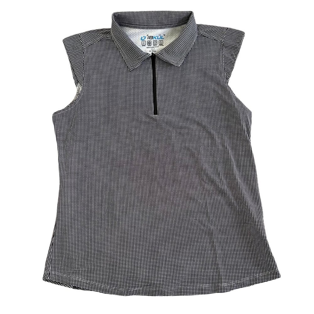 IBKUL Womens Sz L Sleeveless Black & White Houndstooth Print Polo Shirt UPF 50+